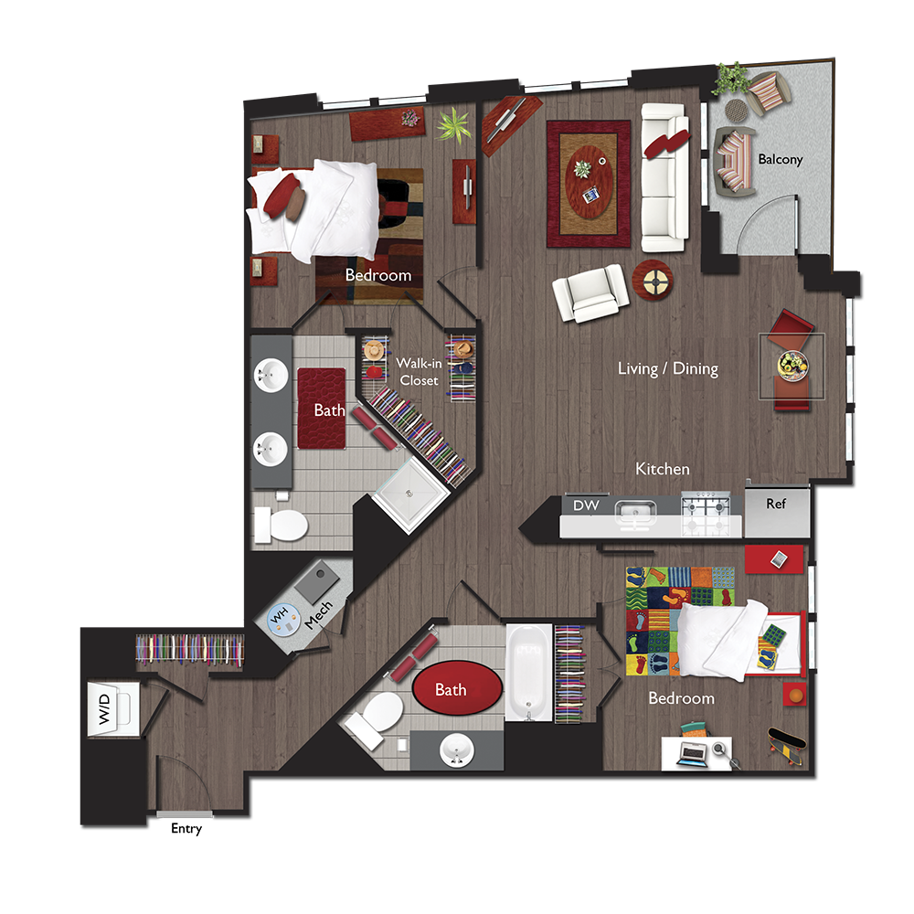 Floor plan for 2 beds, 2 baths, 1188 sqft